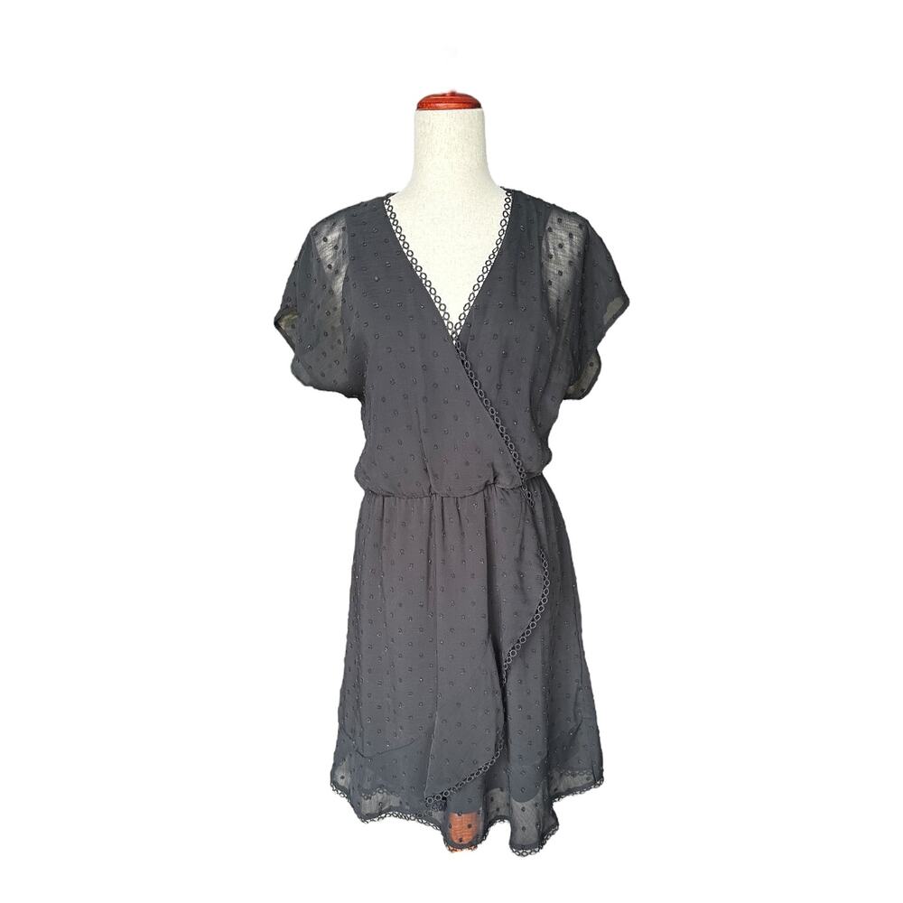 Lush Black Midi Dress Polka Dot Sheer Sleeves V-Neck Faux Wrap. Elastic Waist  L